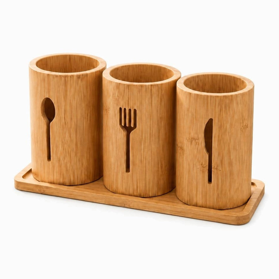 3 empty bamboo utensil cups with spoon, fork and knife cut-outs on a bamboo tray