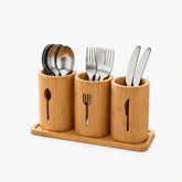 Bamboo Utensil Organizer, Set of 3 - cutlery holders for spoons, forks and knives on a bamboo tray