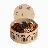 Beige Metal Serving Bowl with Lid, 20cm - filled with dates, chocolate and nuts