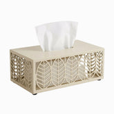 Beige Metal Tissue Box Cover with Leaf Cut-Out - rectangular tissue holder