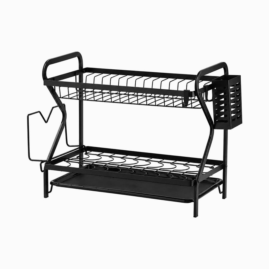 Empty black 2-tier dish drying rack with drip tray, utensil holder and cutting board holder