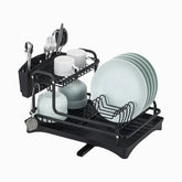 Black aluminum 2-tier dish rack with drainboard, plates, bowls, cups and cutlery holder