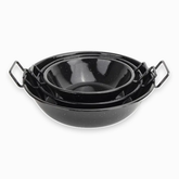 3 black speckled enamel frying pans in 26, 32 and 36 cm sizes nested together
