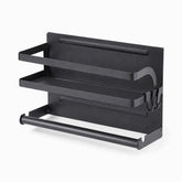 Empty black magnetic spice rack with paper towel bar and side hooks