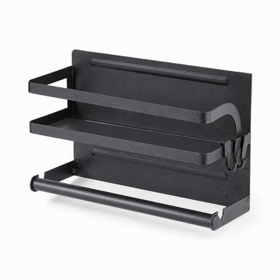 Empty black magnetic spice rack with paper towel bar and side hooks
