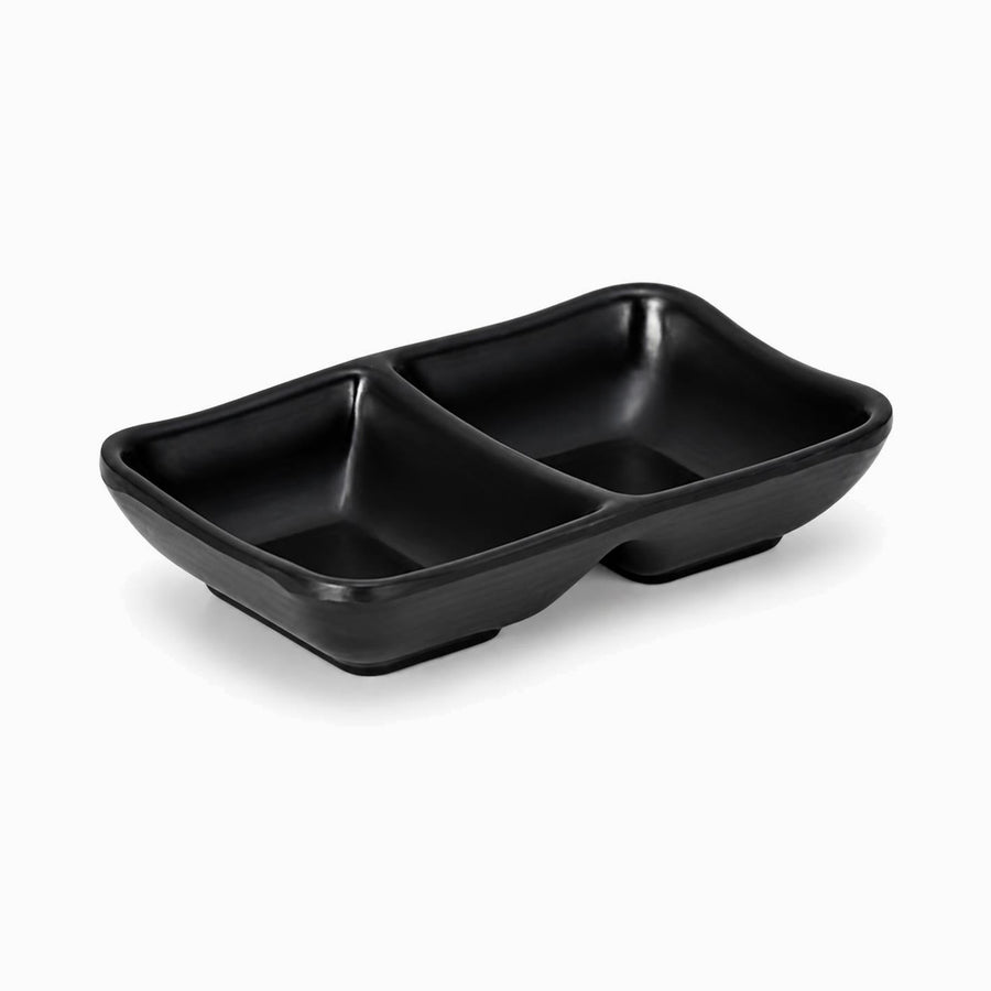 Black matte rectangular sauce dish with 2 sections and small feet