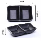Black matte divided sauce dish top and side views with 12.8 x 8.3 x 2.3 cm dimensions