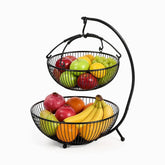 Black metal 2-tier fruit basket stand with hanging top basket, apples, grapes, pomegranates, oranges and bananas