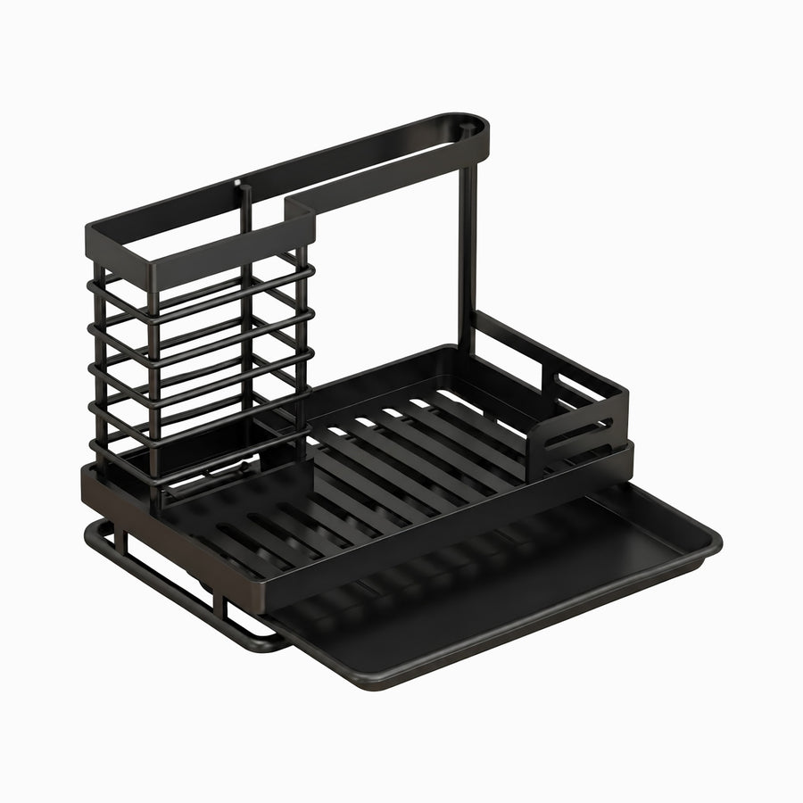 Empty black metal sink caddy with wire brush holder, towel bar, slatted sponge rack and drip tray