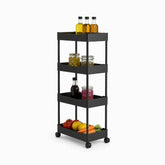 Black plastic 4-tier rolling cart with olive oil, olives, za'atar, pickles and fresh vegetables