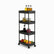 Black plastic 4-tier rolling cart with olive oil, olives, za'atar, pickles and fresh vegetables