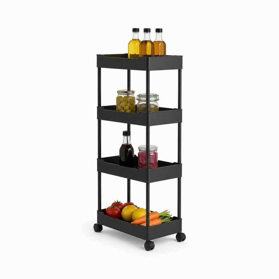 Black plastic 4-tier rolling cart with olive oil, olives, za'atar, pickles and fresh vegetables