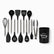 11 black silicone cooking utensils with stainless steel handles laid flat next to their black utensil holder