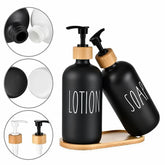 Matte black lotion and soap pump bottles leaning on an oval bamboo tray, with close-ups of the bottle opening, base and bamboo pump heads in black and white
