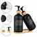 Matte black lotion and soap pump bottles leaning on an oval bamboo tray, with close-ups of the bottle opening, base and bamboo pump heads in black and white