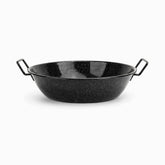 Black speckled enameled steel frying pan with 2 wire side handles