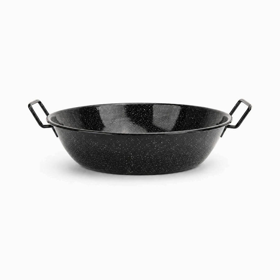Black speckled enameled steel frying pan with 2 wire side handles