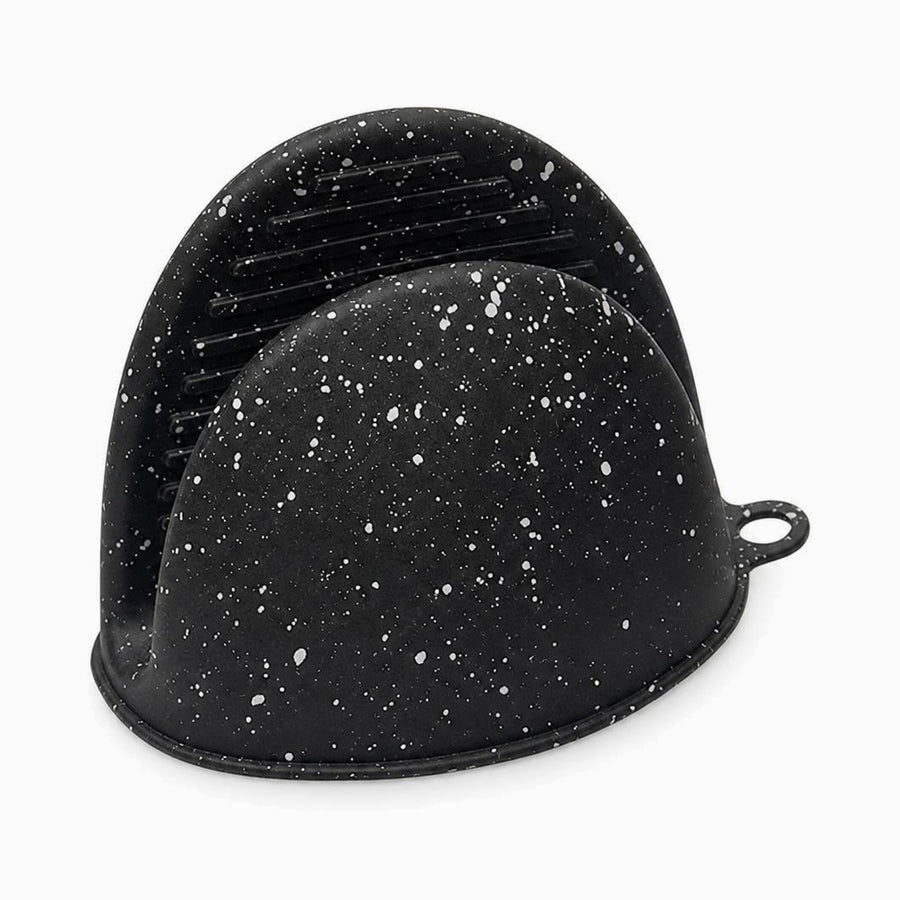 Black silicone mini oven mitt with white speckles, ribbed grip pads and hanging loop