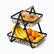 2-tier black metal triangle basket stand with wooden handle holding sesame ka'ak, bananas, oranges and lemons