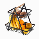 Black Triangle Metal Fruit Basket Stand - 2-tier wire basket with wooden handle holding bread and fruit