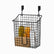 Black wire over-the-door basket with hooks holding oil, juice and water bottles and a kraft box