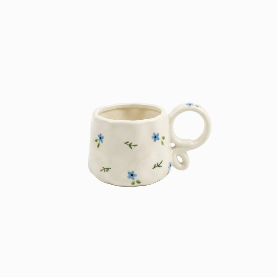 Blue Butterfly Ceramic Mug - cream mug with small blue flowers and curly handle