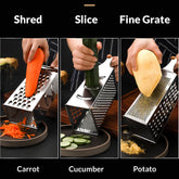Box grater used to shred a carrot, slice a cucumber and finely grate a potato