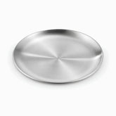 Empty round brushed stainless steel plate with a shallow rolled rim