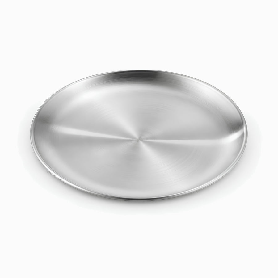 Empty round brushed stainless steel plate with a shallow rolled rim