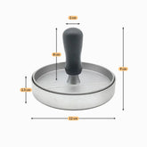 Burger press dimensions: 12 cm wide, 9 cm high, 8 cm handle, 2.5 cm base