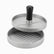Burger press with black handle and ridged patty base, separated