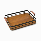 Burnt bamboo serving tray with black metal rails and wooden handles