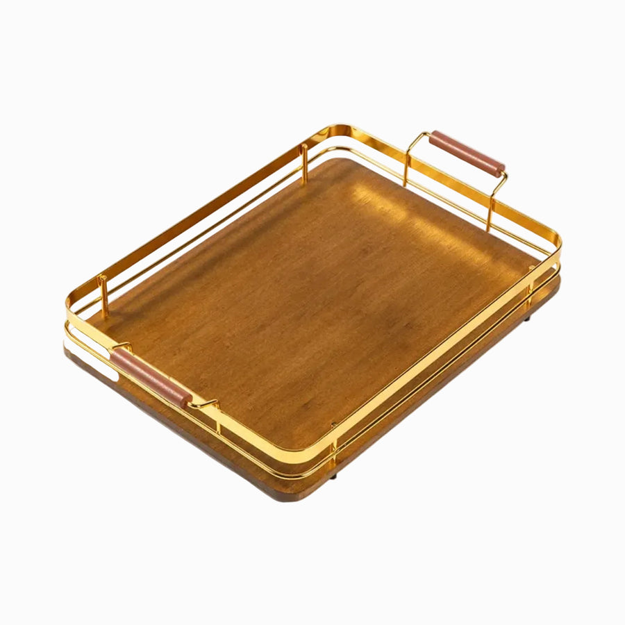 Burnt bamboo serving tray with gold metal rails and wooden handles