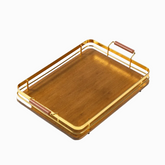 Burnt Bamboo Serving Tray with Metal Edges - gold metal rails and wooden handles
