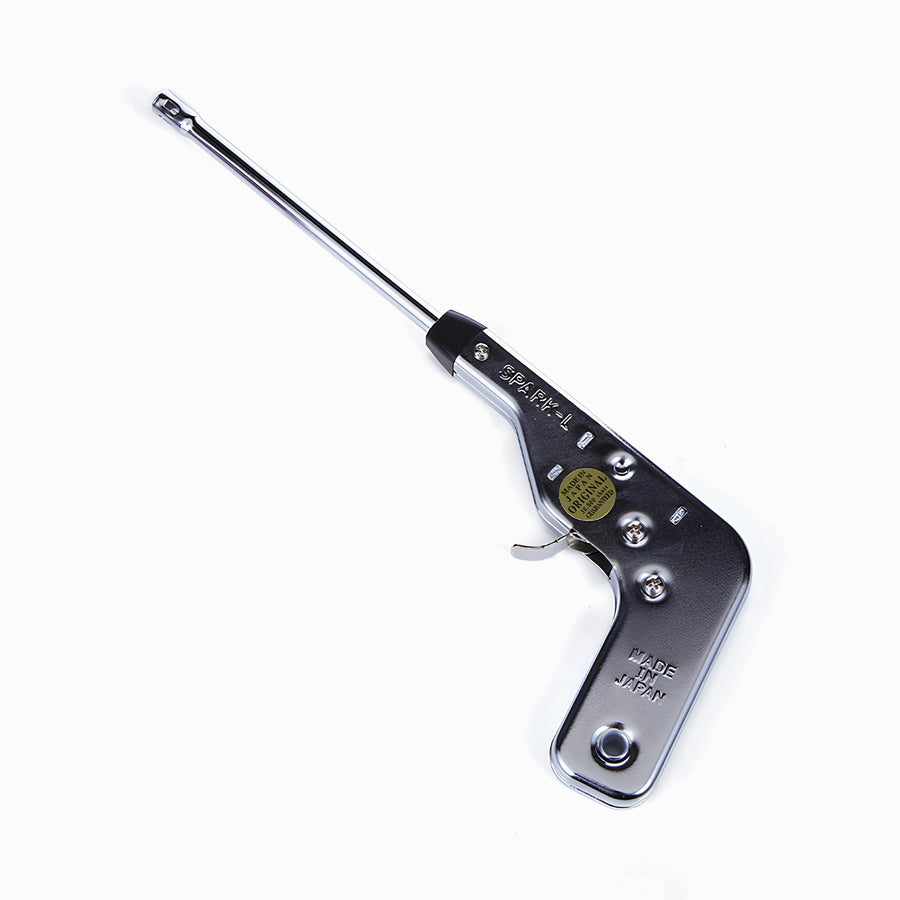 Chrome gas stove lighter with a long metal neck, black collar and trigger lever