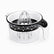 Black plexi citrus juicer with clear ribbed reamer, white bowl and black patterned band on a 400ml measuring jug