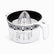 White plexi citrus juicer with clear ribbed reamer, black inner bowl and black-patterned white band on a 400ml measuring jug