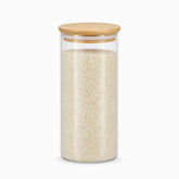 Round Glass Storage Jar with Airtight Bamboo Lid 10x25cm filled with rice