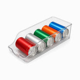 Clear acrylic fridge can organizer bin holding 5 colorful drink cans