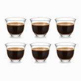 Clear Glass Arabic Coffee Cups Set of 6 56ml, six cups filled with dark Lebanese coffee in 2 rows