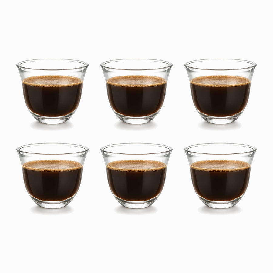 Clear Glass Arabic Coffee Cups Set of 6 56ml, six cups filled with dark Lebanese coffee in 2 rows