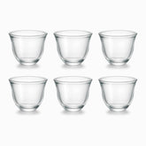 Set of 6 clear glass Arabic coffee cups with bell shape arranged in 2 rows