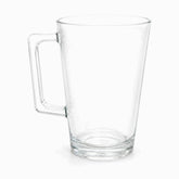 Single empty clear glass mug with tapered shape, square handle and thick base