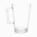Single empty clear glass mug with tapered shape, square handle and thick base