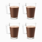 Clear Glass Mugs Set of 4 230ml, four clear glass mugs filled with hot chocolate in 2 rows