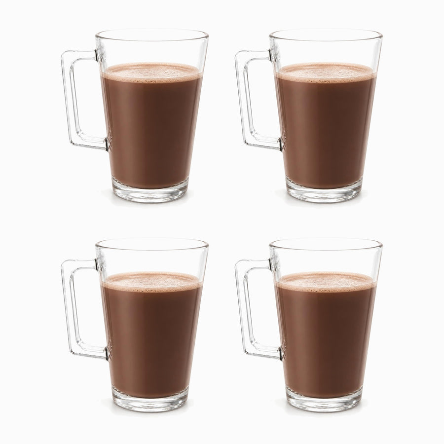 Clear Glass Mugs Set of 4 230ml, four clear glass mugs filled with hot chocolate in 2 rows