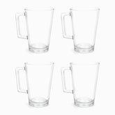 Four empty clear glass mugs with square handles and thick base in 2 rows