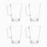 Four empty clear glass mugs with square handles and thick base in 2 rows