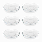 Clear Glass Saucers Set of 6 11cm, six round clear glass saucers arranged in 3 rows