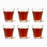 Flared Paneled Tea Glasses Set of 6 120ml, six clear flared glasses filled with red tea in 2 rows